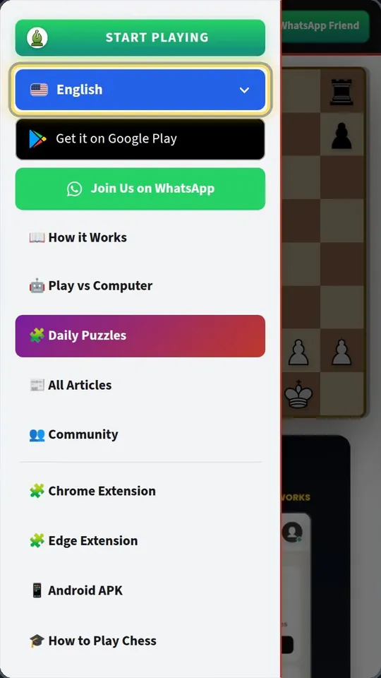 ChessDada menu with Start Playing, language, Google Play and WhatsApp buttons