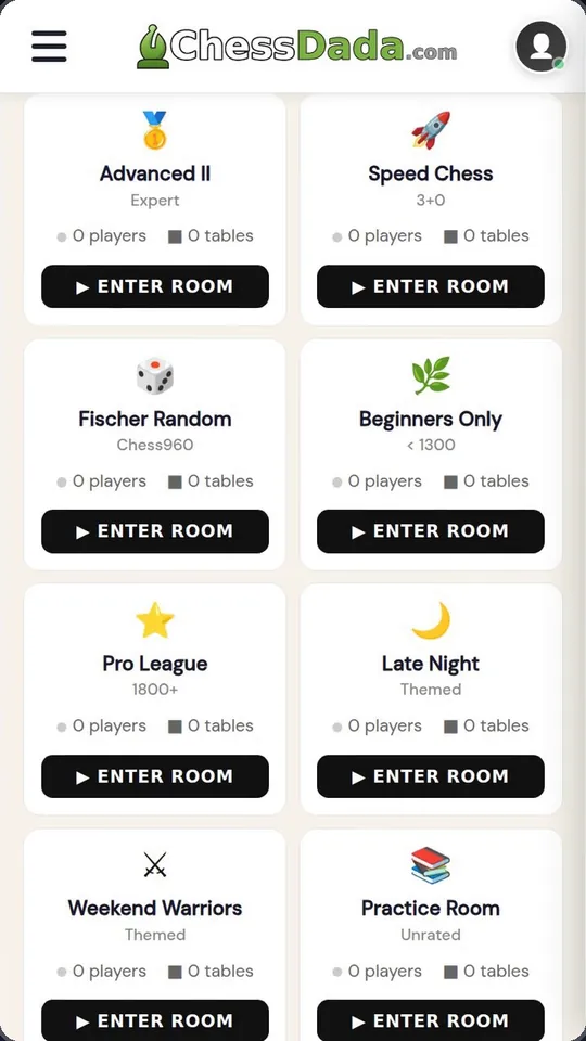 Lobby with room cards and Enter Room buttons