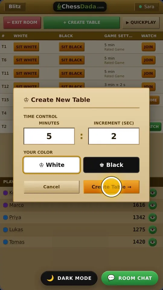 Create New Table box with minutes, increment and colour
