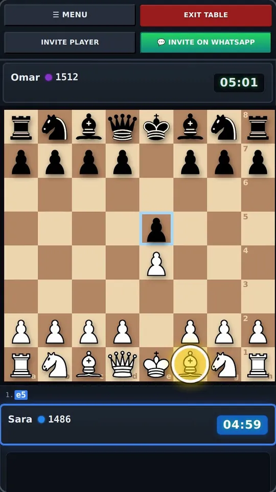 A piece selected with its legal moves shown