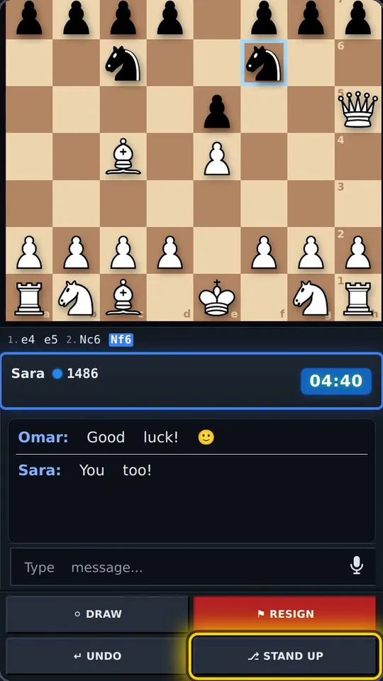 Draw, Resign, Undo and Stand Up buttons