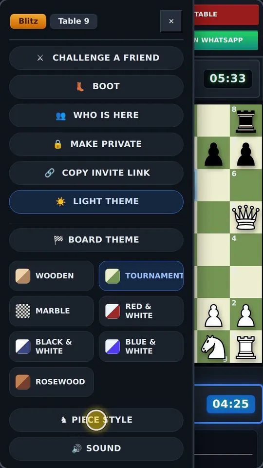 Menu with board themes, piece style and sound