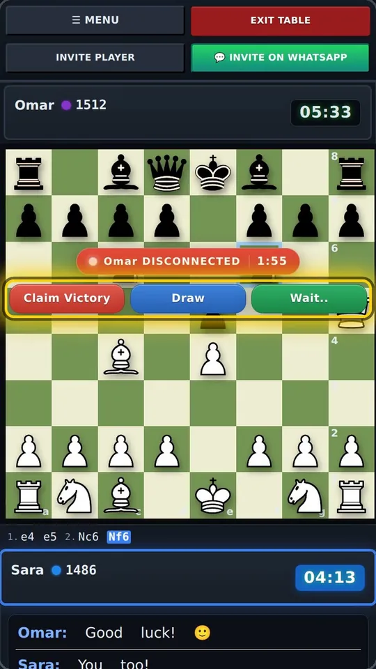 Opponent disconnected bar with Claim Victory, Draw and Wait