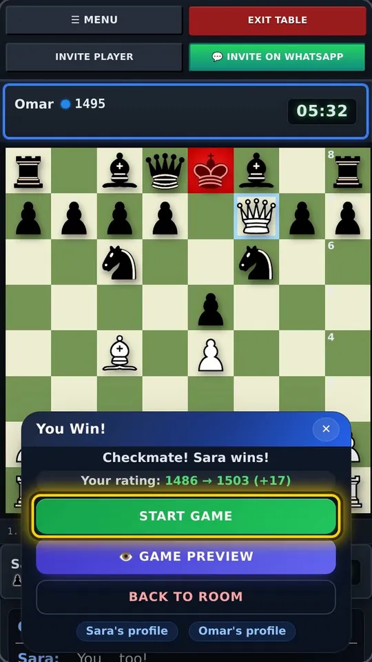 You Win card with new rating, Start Game and Back to Room